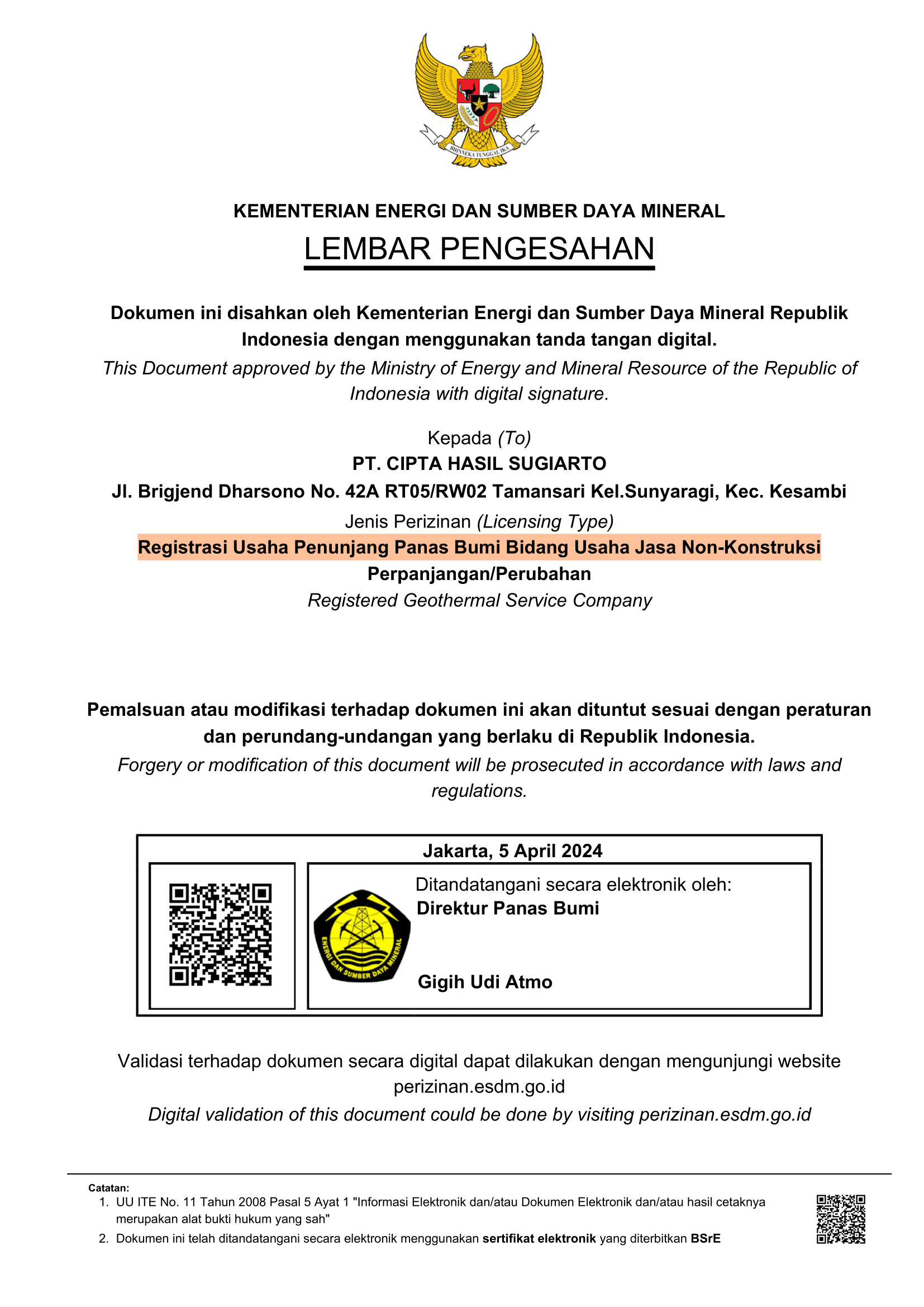 Registrasi Usaha Penunjang Panas Bumi Bidan Usaha Jasa Non-Konstruksi